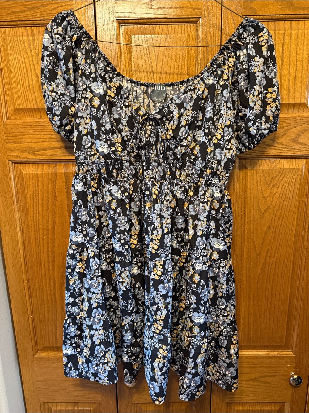 ARULA Black Floral Midi Dress with Blue and Yellow Blossoms-Size: B /2X- 18-20